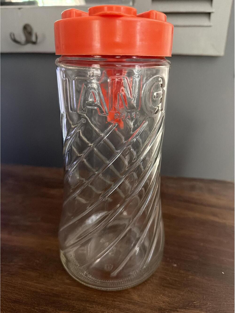 Vintage TANG GLASS Jar PITCHER Orange PLASTIC Pour LID ANCHOR HOCKING